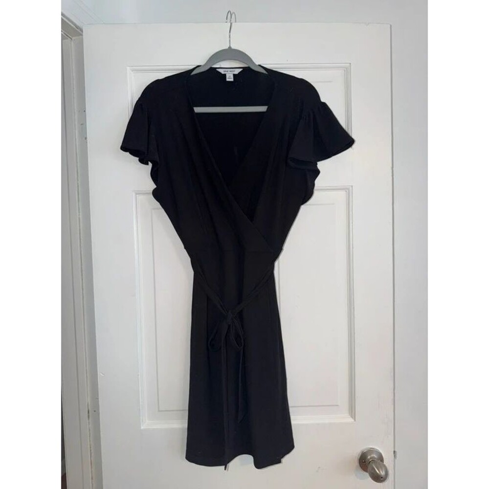 women’s nine west black v neck faux-wrap dress